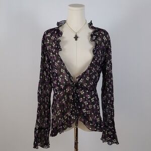 studio 1940 Floral Sheer Cover Up Black Purple White Tie Front Bell Sleeve